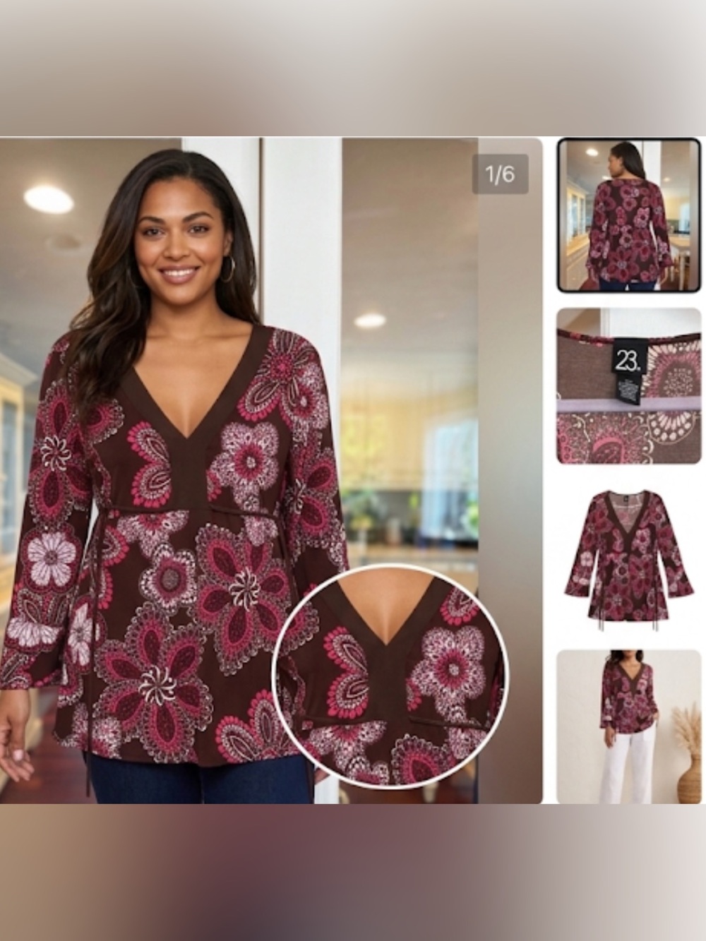 Floral V-Neck Wrap Tunic in Chocolate Brown and Pink